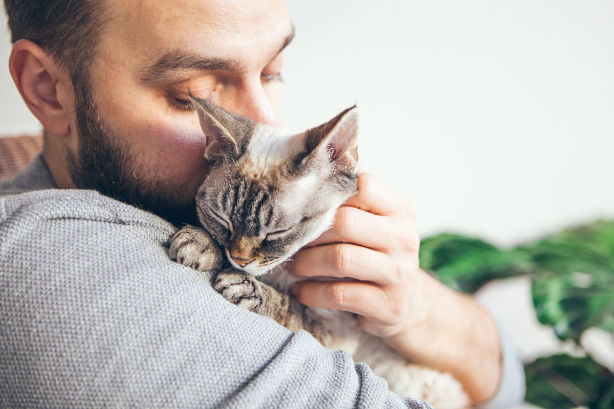 Man cuddling a kitten